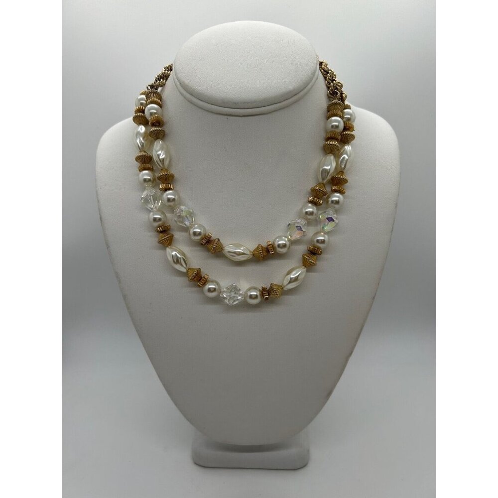 Faux Pearl Necklace Crystals Gold-tone Rope Chain Two Strand Strand Vintage - Picture 3 of 14